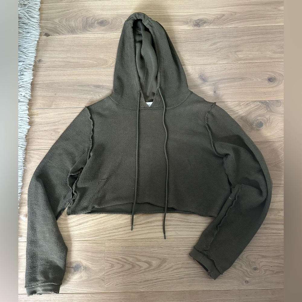 Danielle Guizio Cropped Pullover Hoodie in Olive Green